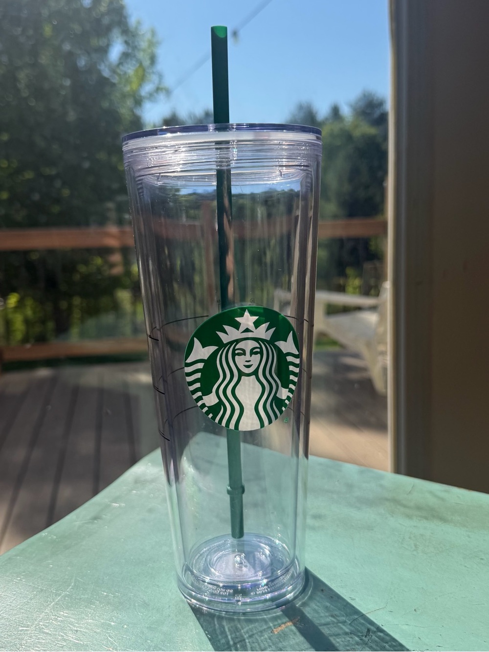 Starbucks Clear Double Wall Tumbler with Logo And Green Straw Original 24 Oz NEW